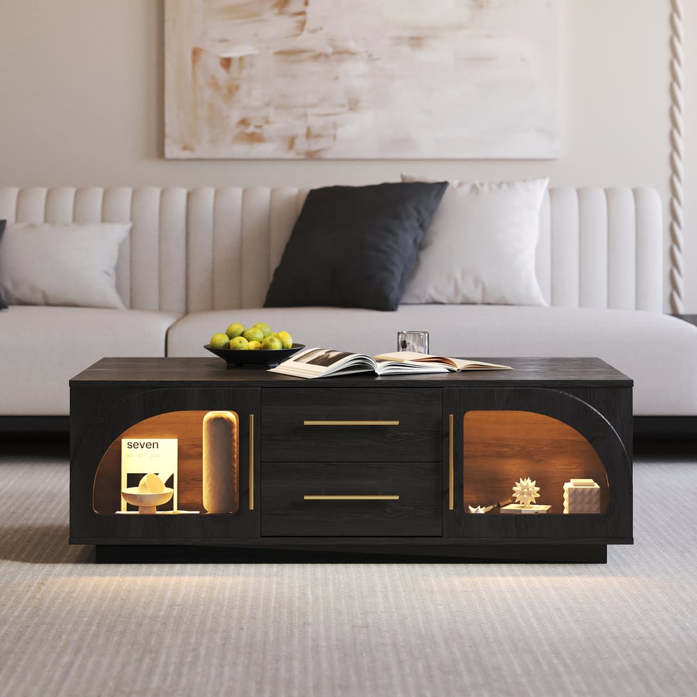 Arune 47" Arched Glass Doors Coffee Table with Storage and LED window image