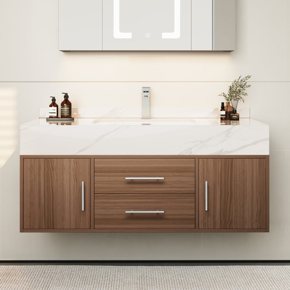 Bathroom Vanity Set 39.3" Modern Floating Stone Bathroom Vanity Walnut with Sink window image