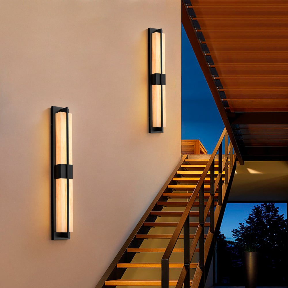 31" Outdoor Wall Light with Matte Black Iron Frame & Beige Marble-Effect Acrylic Shade window image