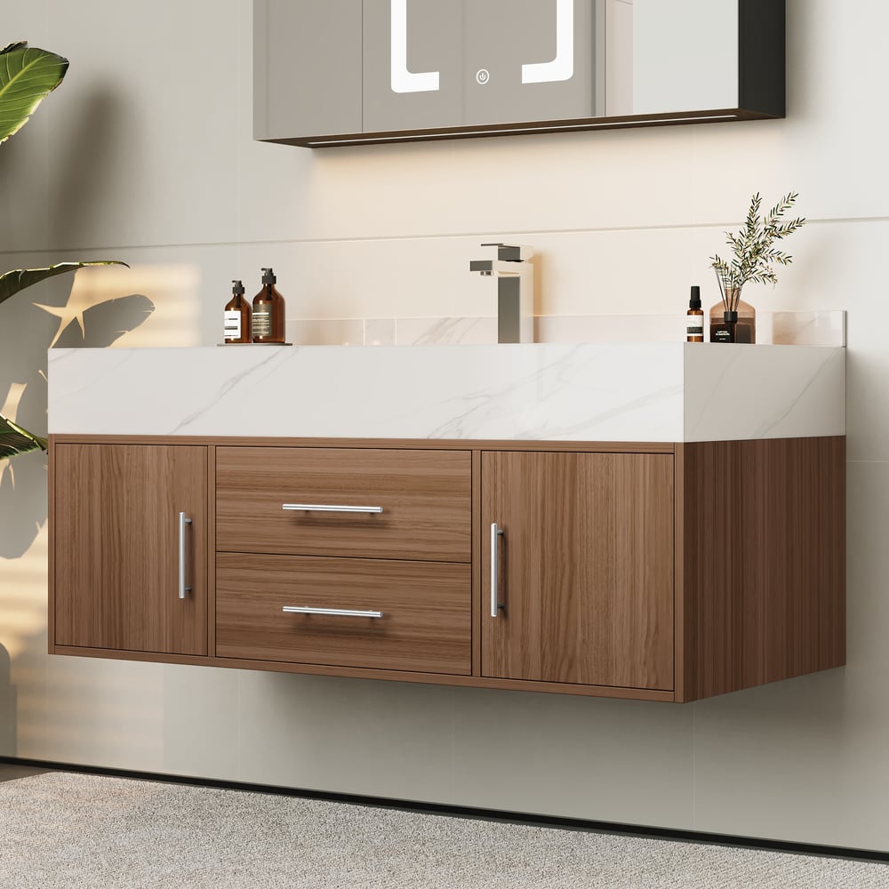 Bathroom Vanity Set 39.3" Modern Floating Stone Bathroom Vanity Walnut with Sink window image