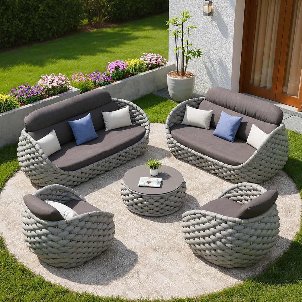 Tatta 6-Person Woven Rope Outdoor Sofa Set with Faux Marble Top Coffee Table window image