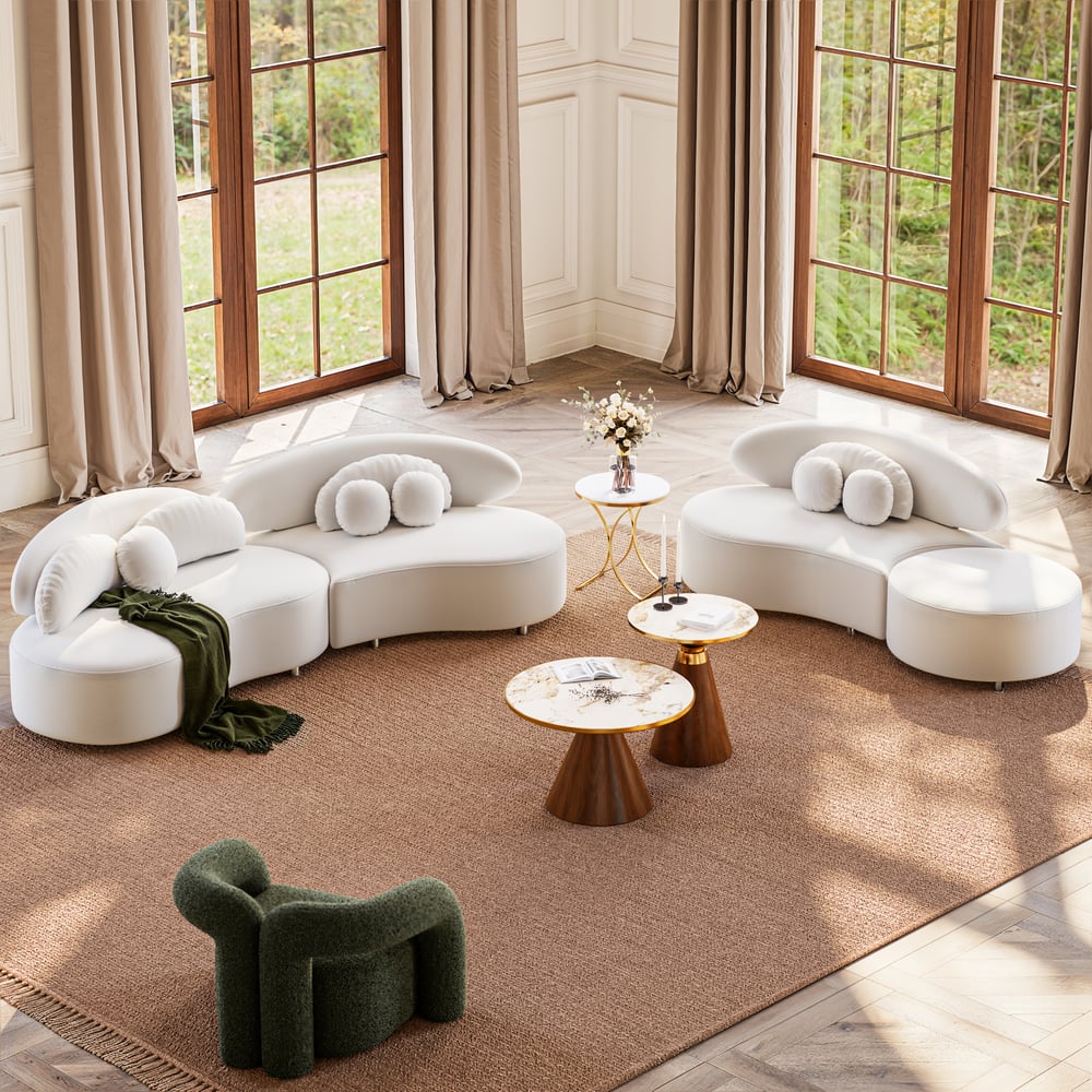 Canapé sectionnel 4 pièces en velours incurvé de 3700 mm avec pouf et oreillers image de fenêtre