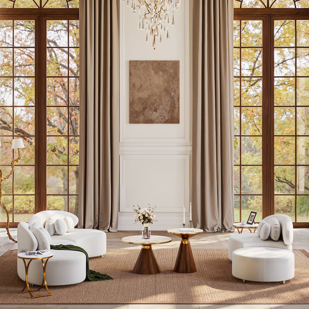 Canapé sectionnel 4 pièces en velours incurvé de 3700 mm avec pouf et oreillers image de fenêtre