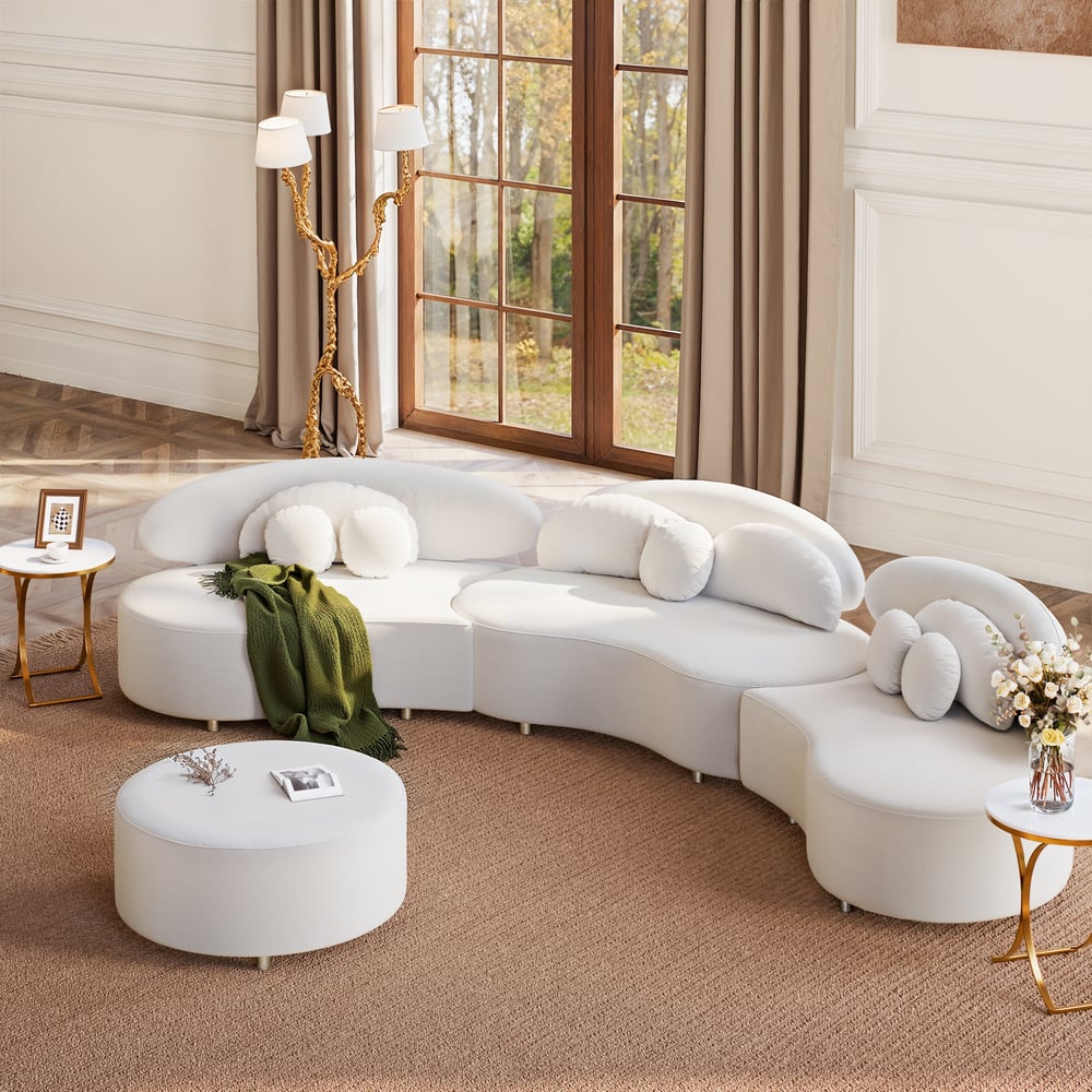 146" 4-Piece Curved Velvet Sectional Sofa with Ottoman & Pillows window image