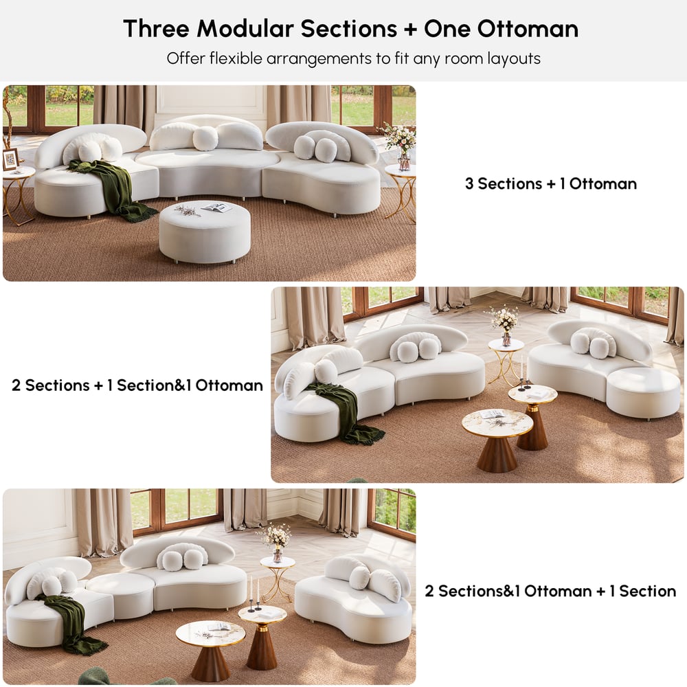 146" 4-Piece Curved Velvet Sectional Sofa with Ottoman & Pillows window image
