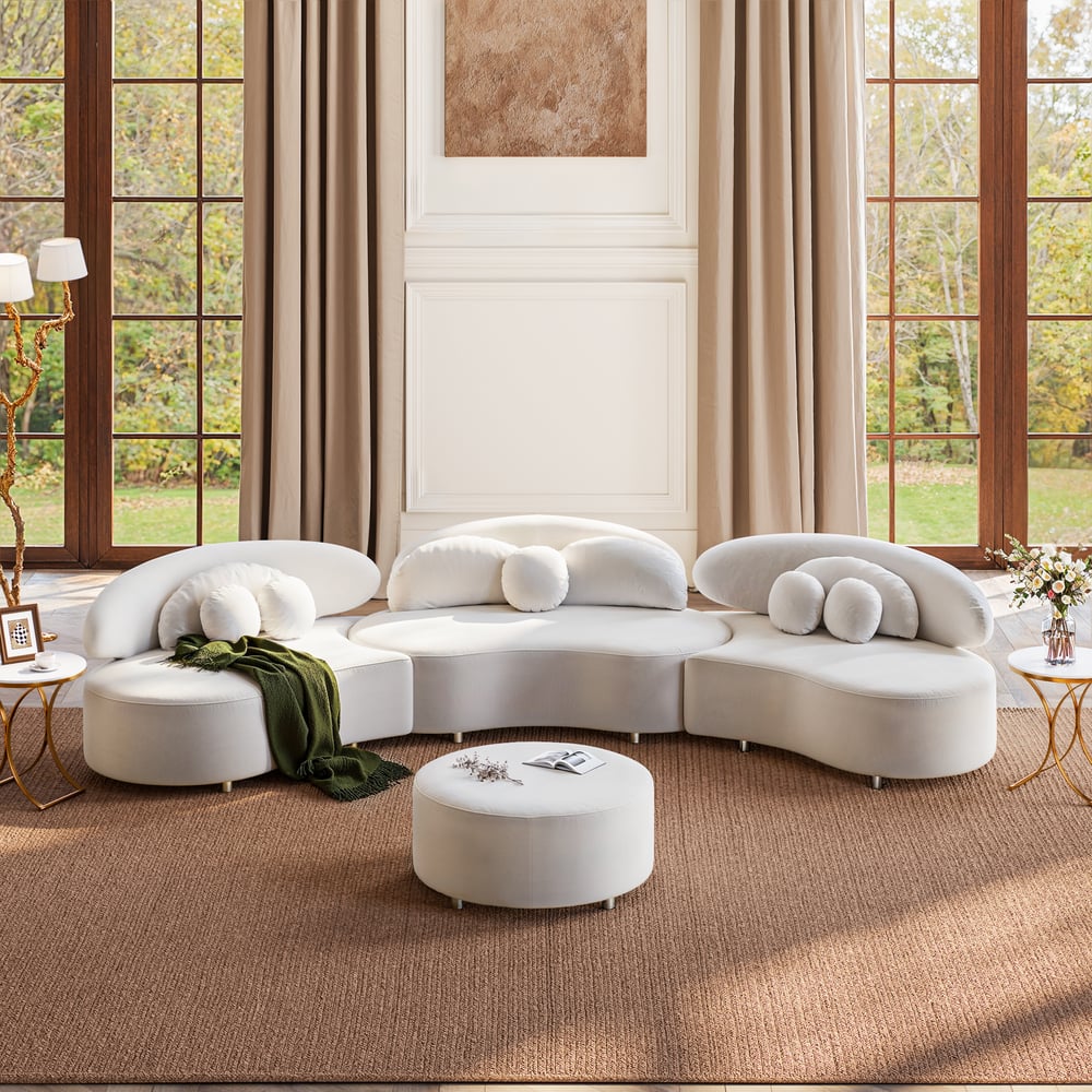 Canapé sectionnel 4 pièces en velours incurvé de 3700 mm avec pouf et oreillers image de fenêtre