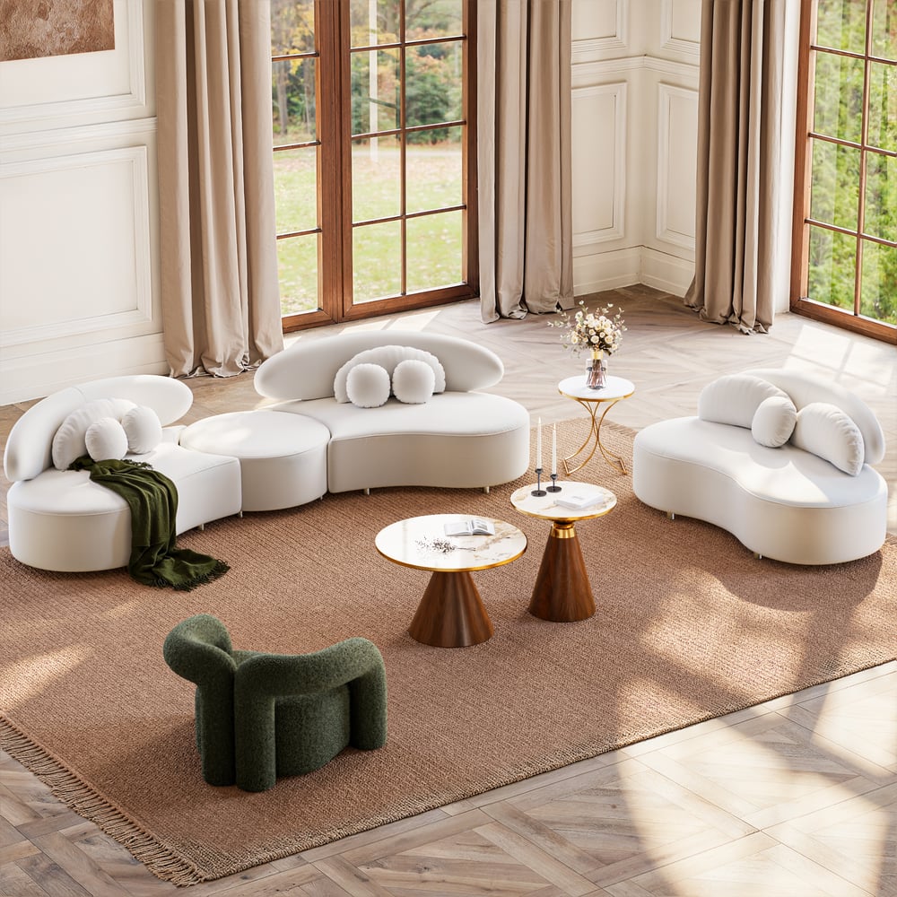 3700 mm curved modular beige velvet sofa in 4 pieces, with ottoman and cushions window image