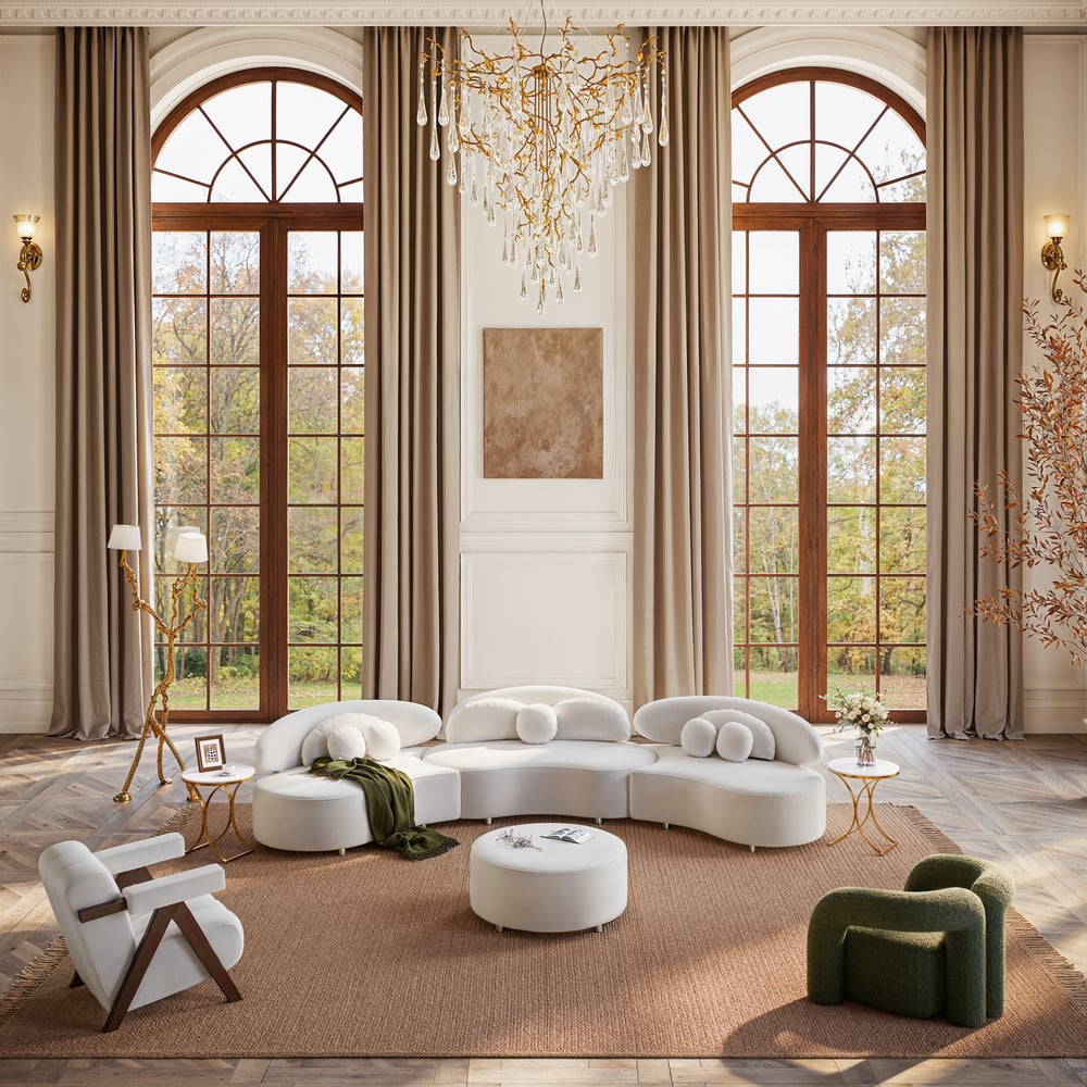 Sofá modular curvo de veludo bege de 3700 mm em 4 peças, com pufe e almofadas Imagem da janela