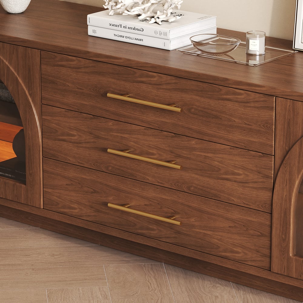 Arune 80" Arched Glass Doors Walnut TV Stand with Storage and LED window image