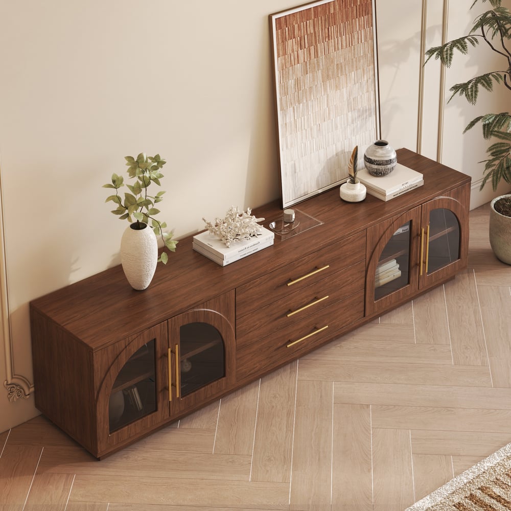 Arune 80" Arched Glass Doors Walnut TV Stand with Storage and LED