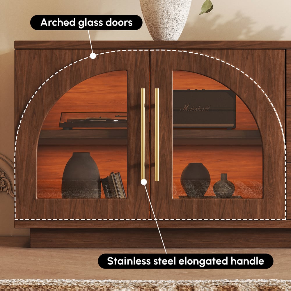 Arune 80" Arched Glass Doors Walnut TV Stand with Storage and LED