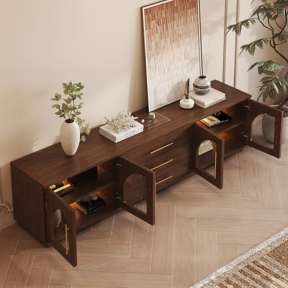 Arune 80" Arched Glass Doors Walnut TV Stand with Storage and LED