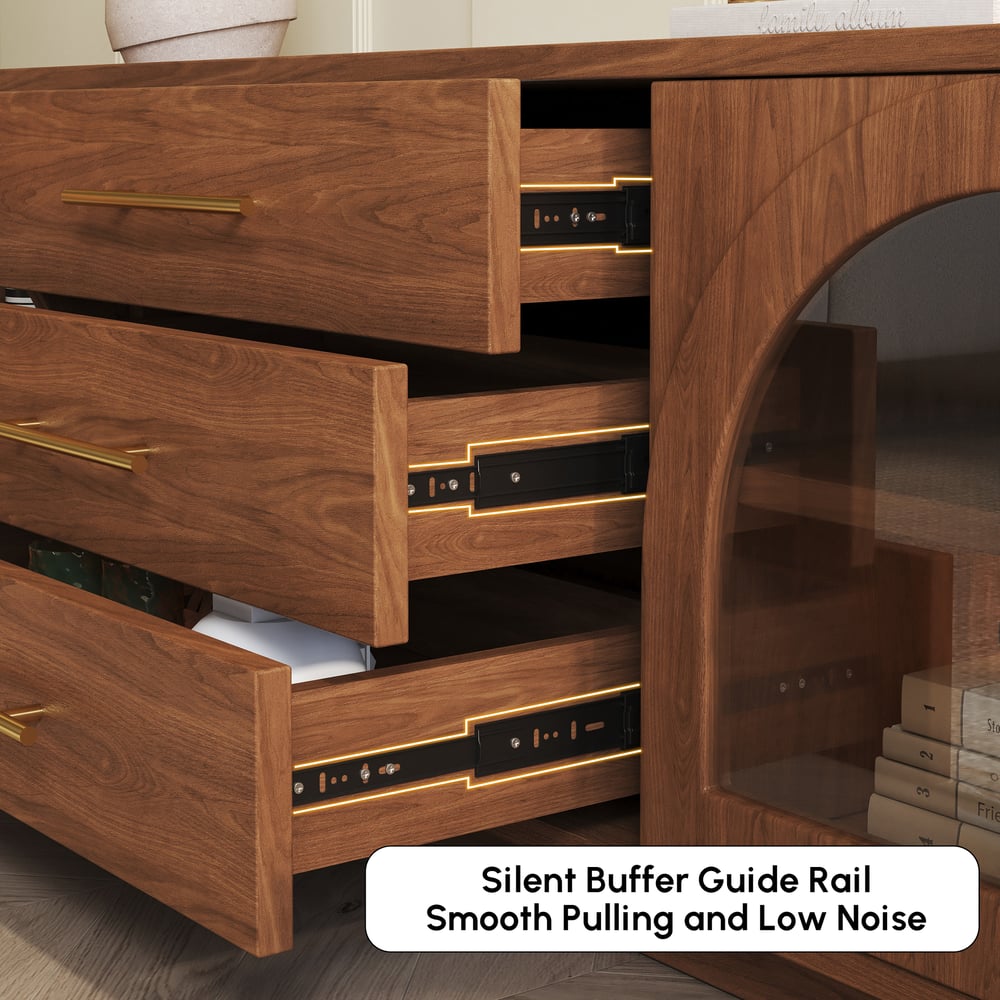Arune 80" Arched Glass Doors Walnut TV Stand with Storage and LED