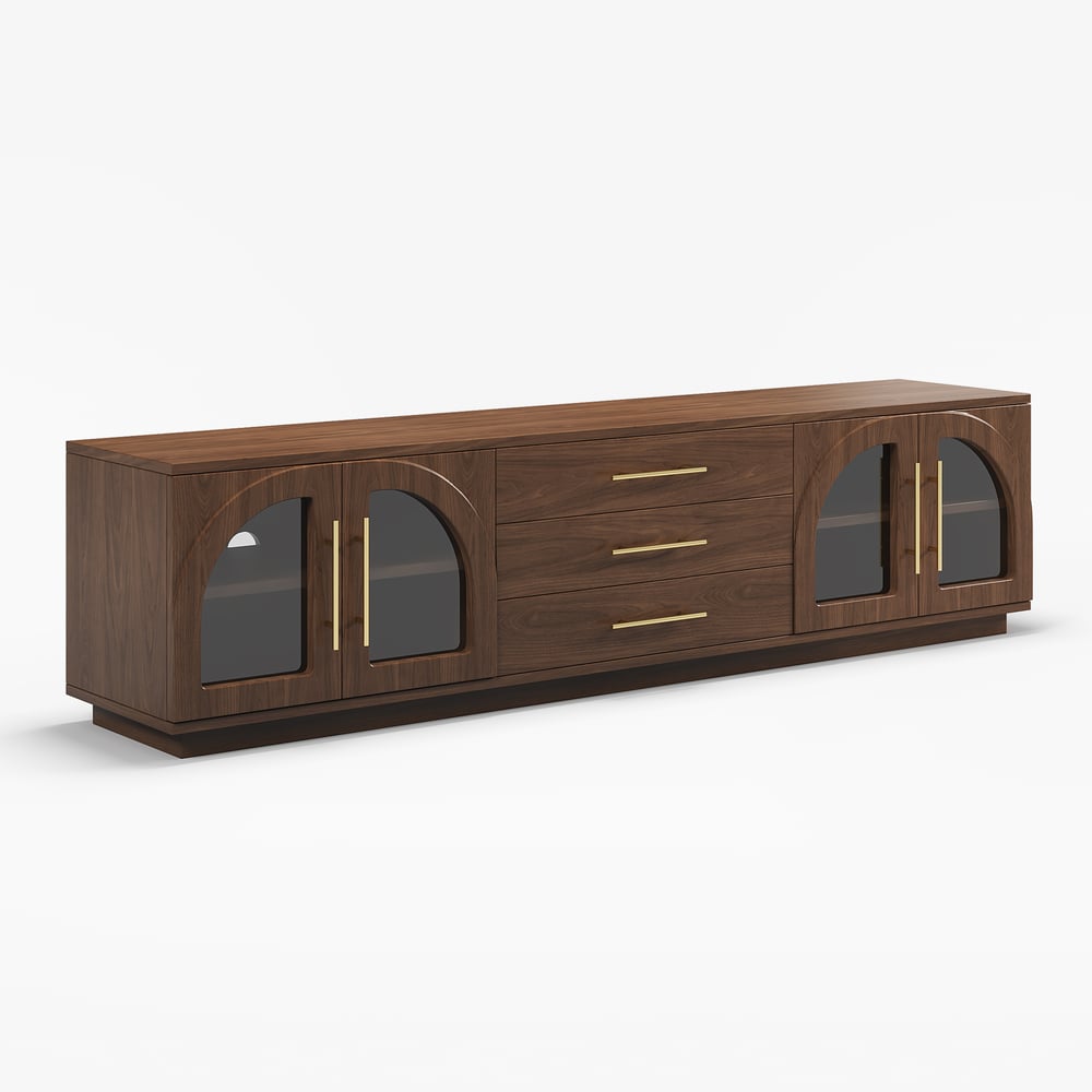 Arune 80" Arched Glass Doors Walnut TV Stand with Storage and LED