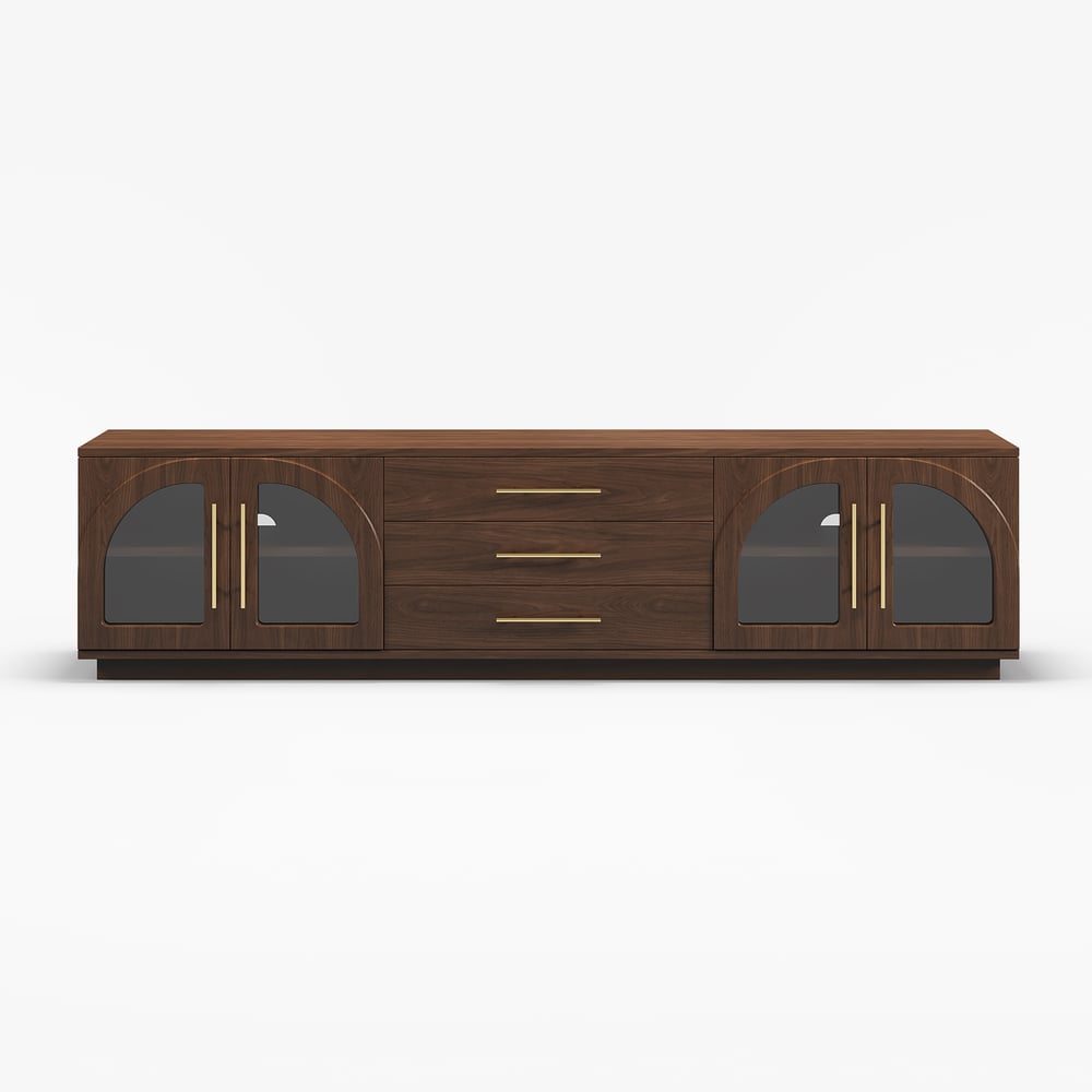 Arune 80" Arched Glass Doors Walnut TV Stand with Storage and LED