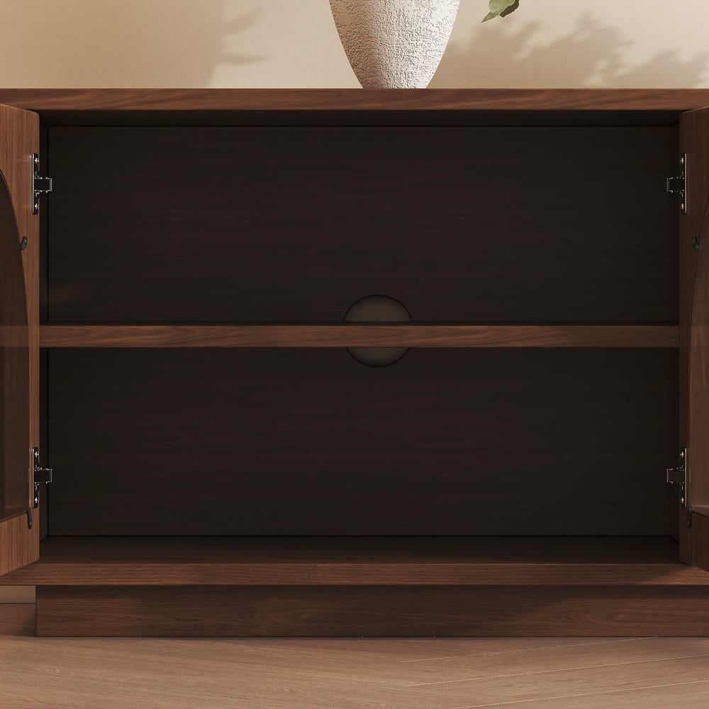 Arune 80" Arched Glass Doors Walnut TV Stand with Storage and LED window image