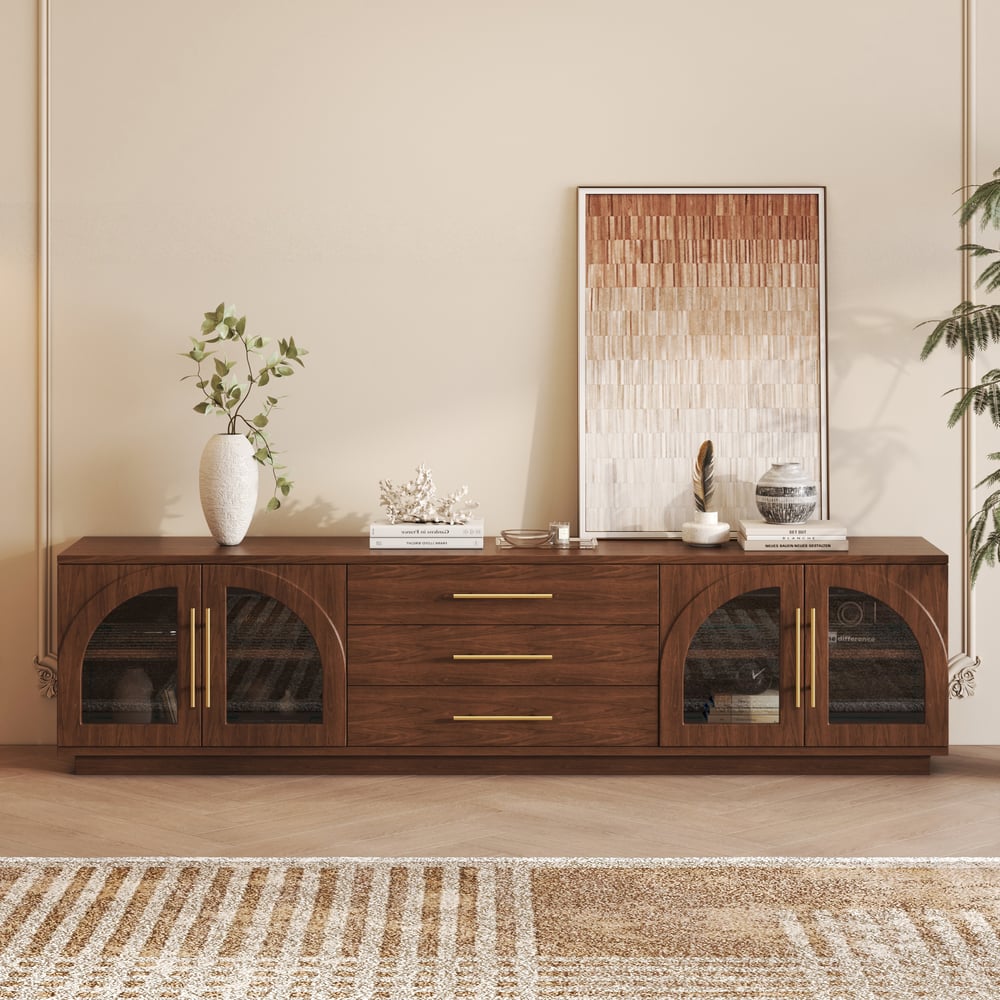 Arune 80" Arched Glass Doors Walnut TV Stand with Storage and LED