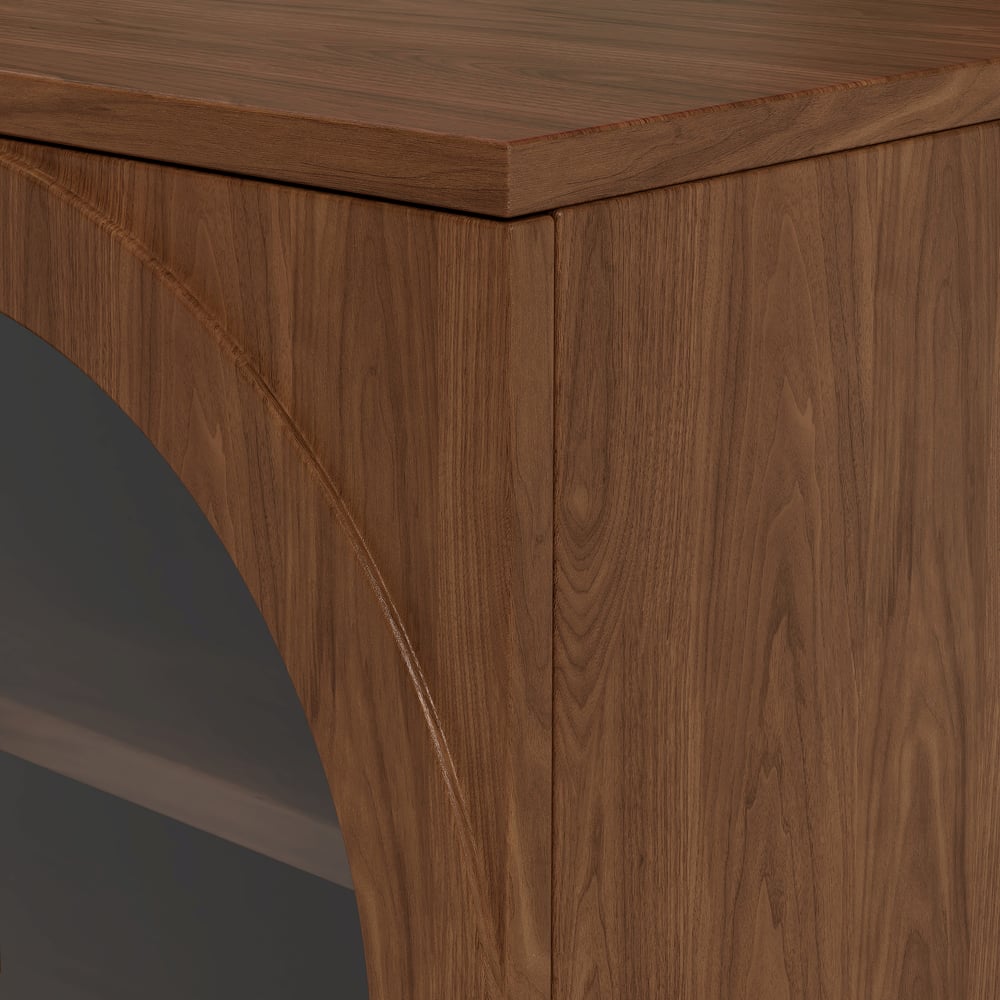 Arune 80" Arched Glass Doors Walnut TV Stand with Storage and LED window image