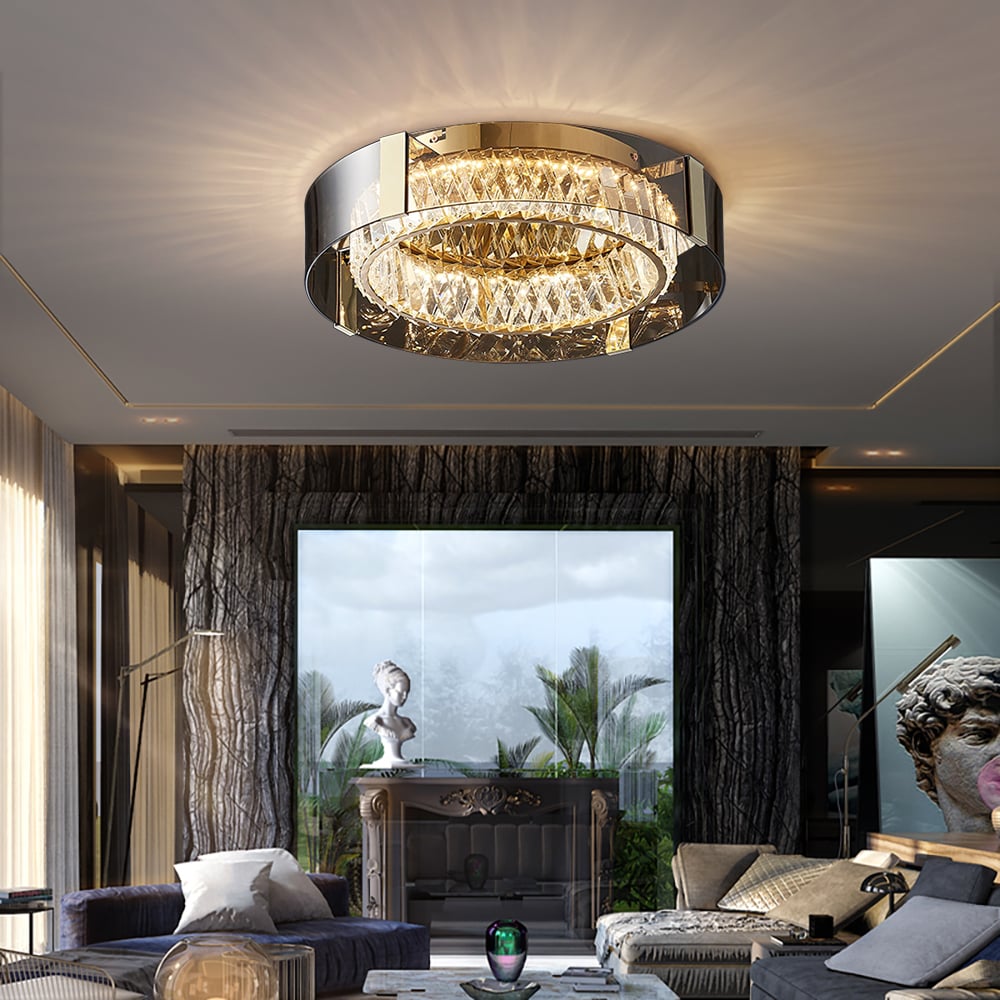 23.6" Crystal Dimmable Ceiling Lights 3 Modes LED Flush Mount Light with Remote Control window image
