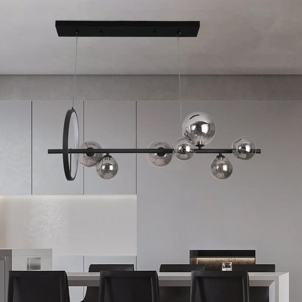 Modern 7-Light Black Kitchen Island Light with Glass Globe Shade Ceiling Pendant Lights window image