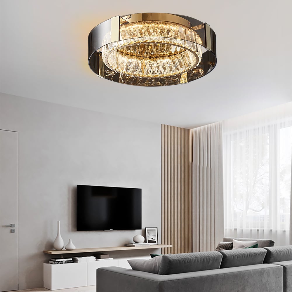 23.6" Crystal Dimmable Ceiling Lights 3 Modes LED Flush Mount Light with Remote Control window image