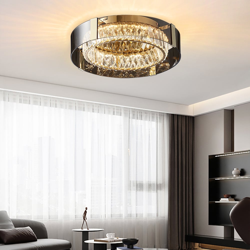 23.6" Crystal Dimmable Ceiling Lights 3 Modes LED Flush Mount Light with Remote Control window image