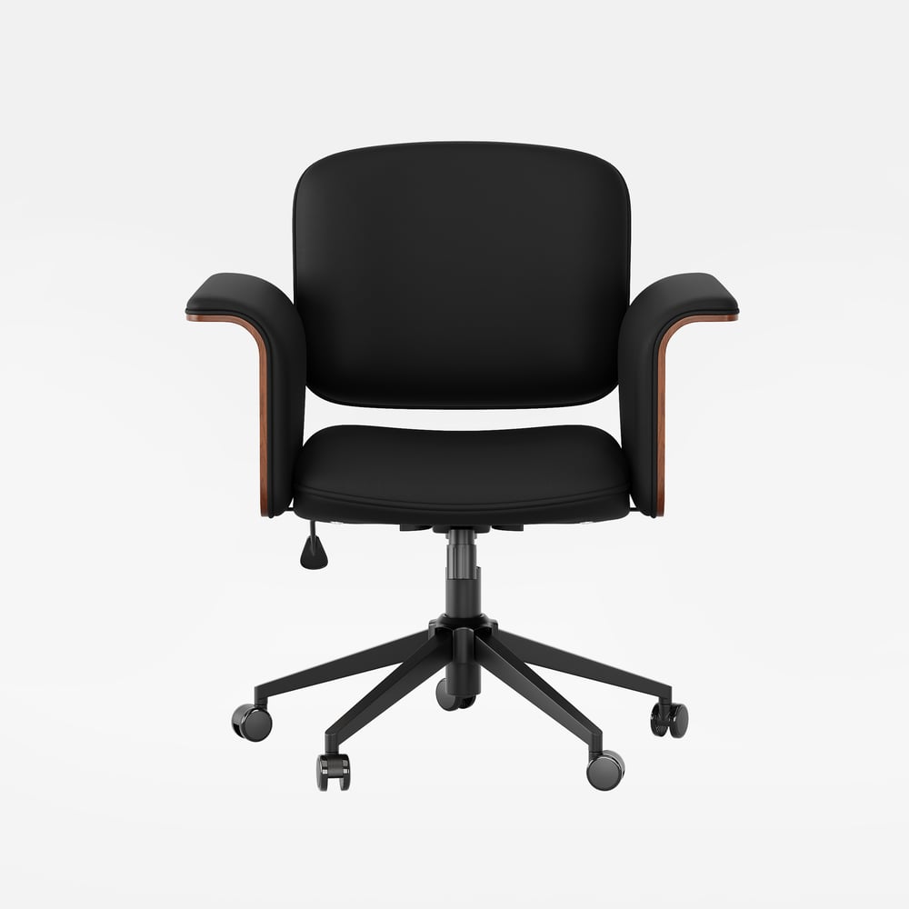Wood & Faux Leather Office Chair - Ergonomic Adjustable Swivel (Black)