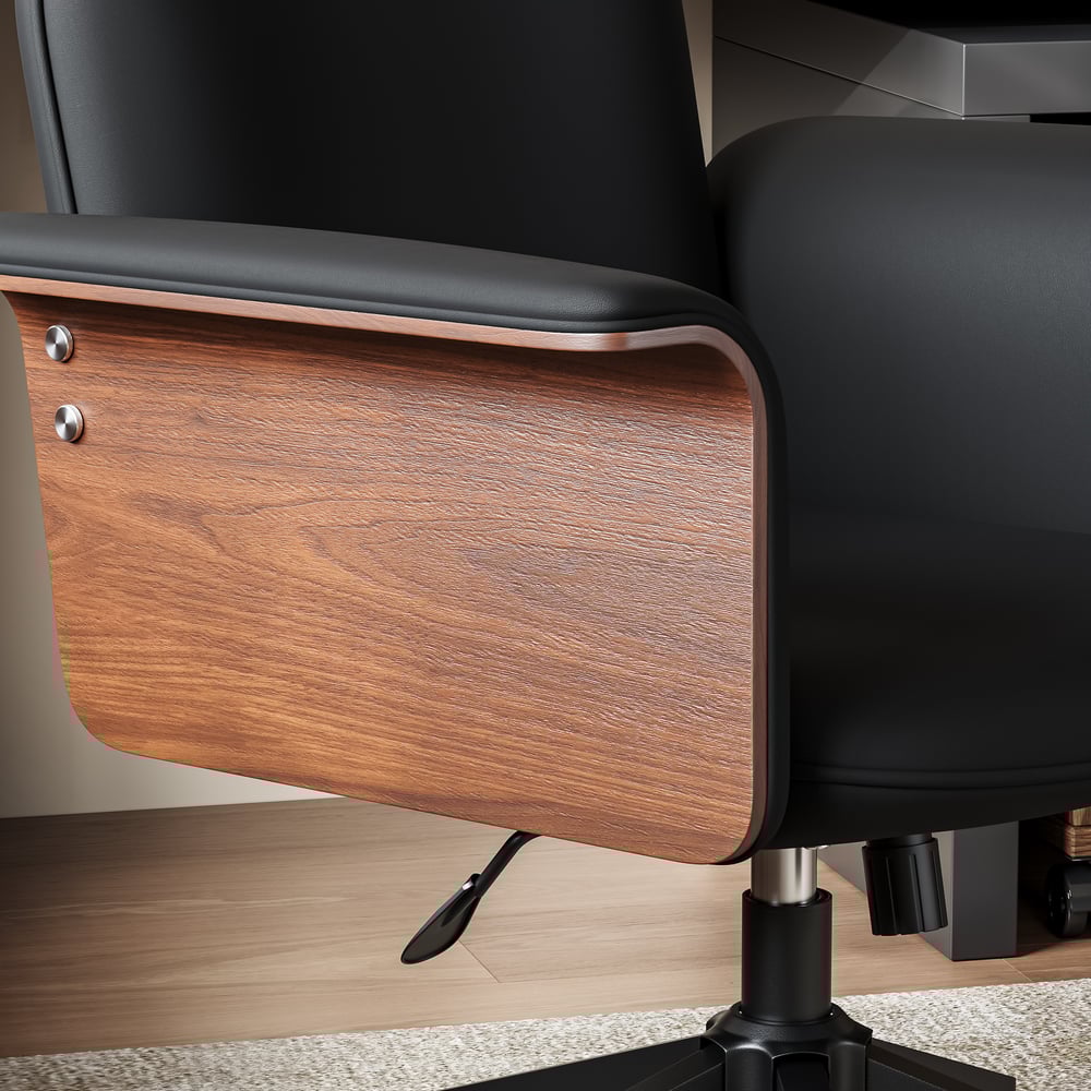Wood & Faux Leather Office Chair - Ergonomic Adjustable Swivel (Black)