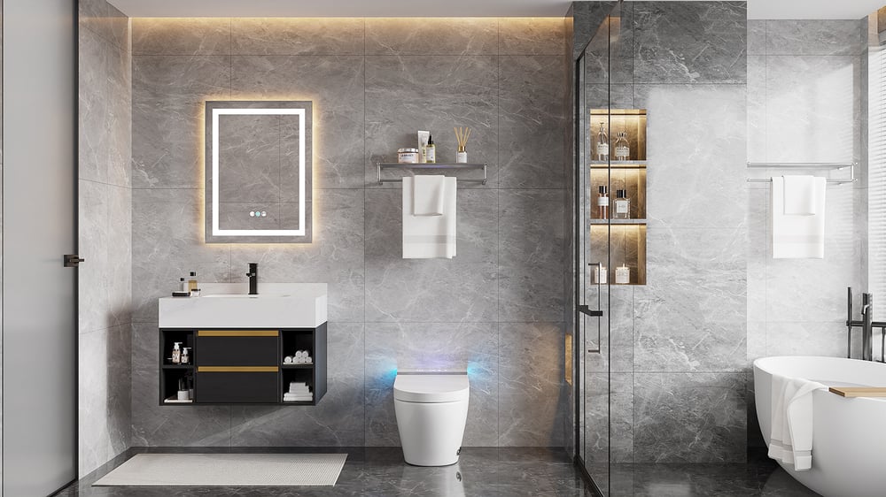 800mm Floating Bathroom Vanity Set with Ceramic Basin 2 Drawers & Open Shelves in Black window image