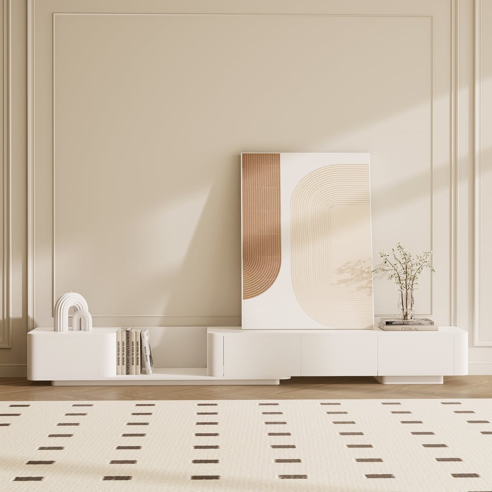 Meuble TV extensible avec 4 tiroirs de 200 cm à 274 cm en blanc cassé image de fenêtre