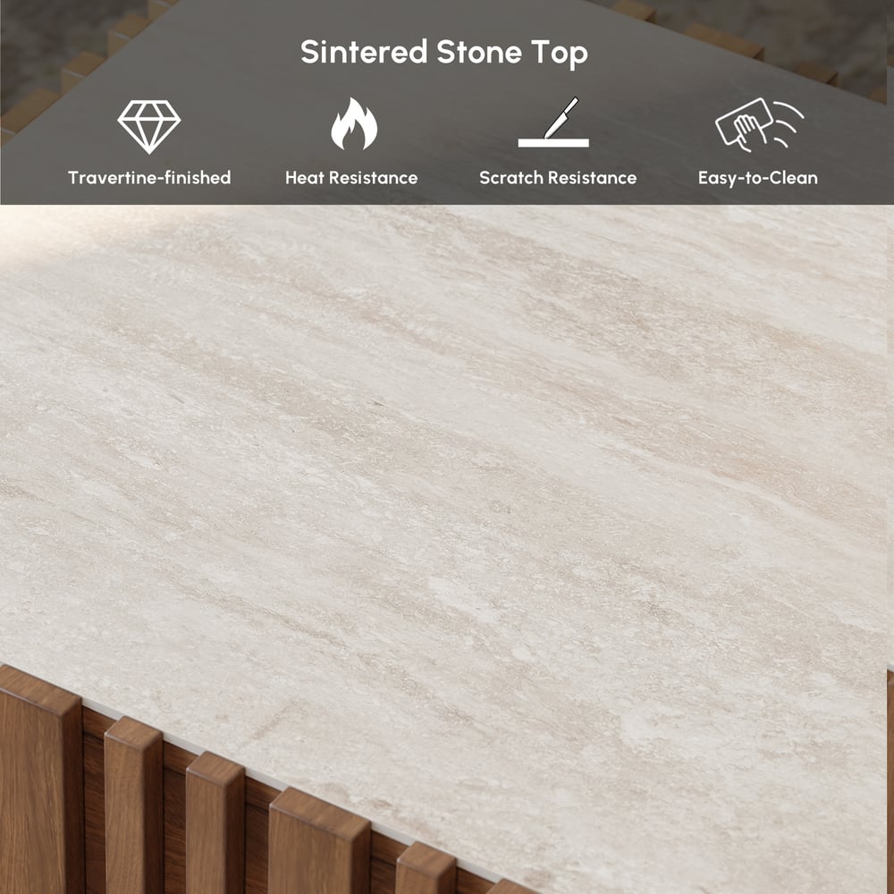47" Ash Wood Slatted Coffee Table with Sintered Stone Top