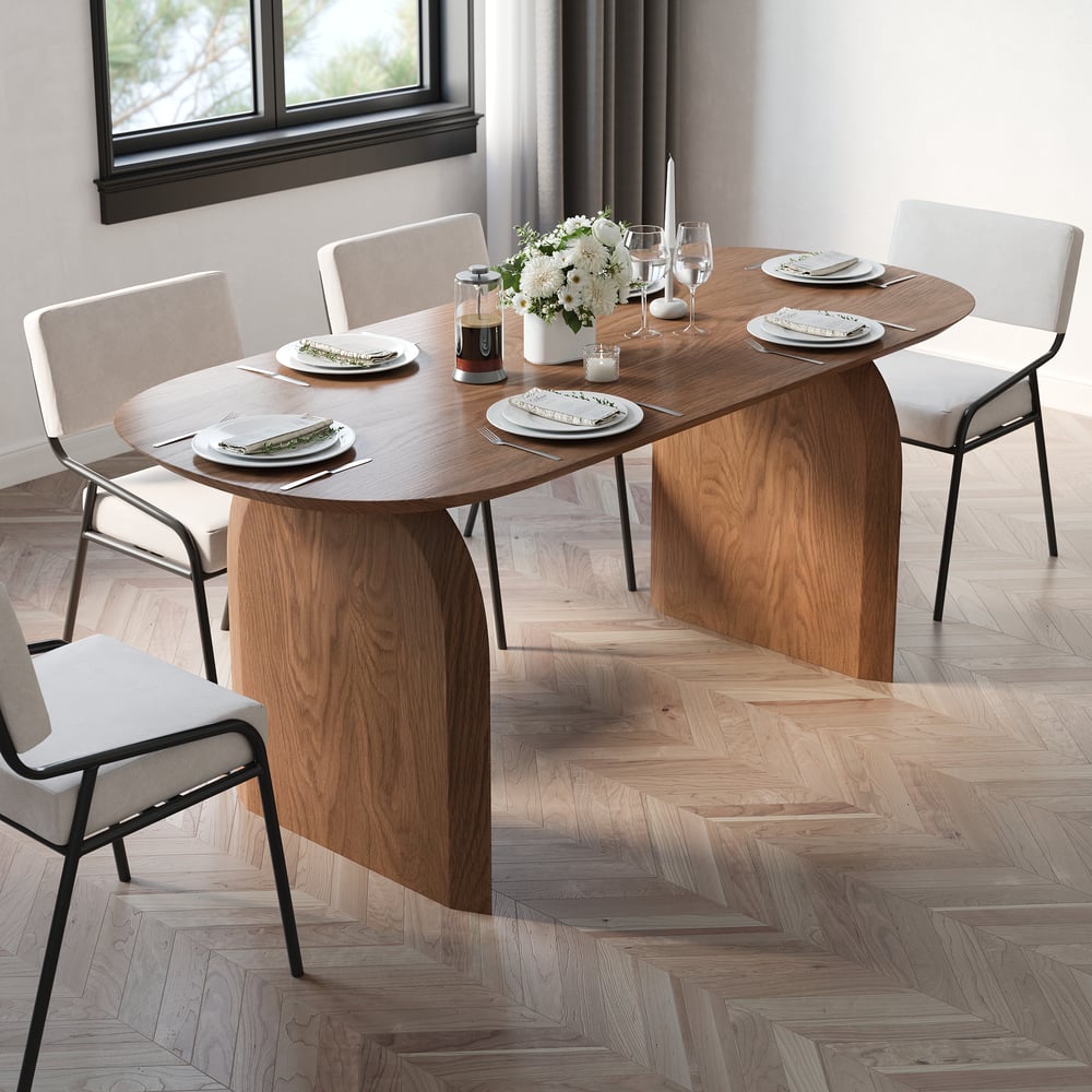 Oval Dining Table Solid Wood Top & Pedestals for 6 Tintica Japandi window image