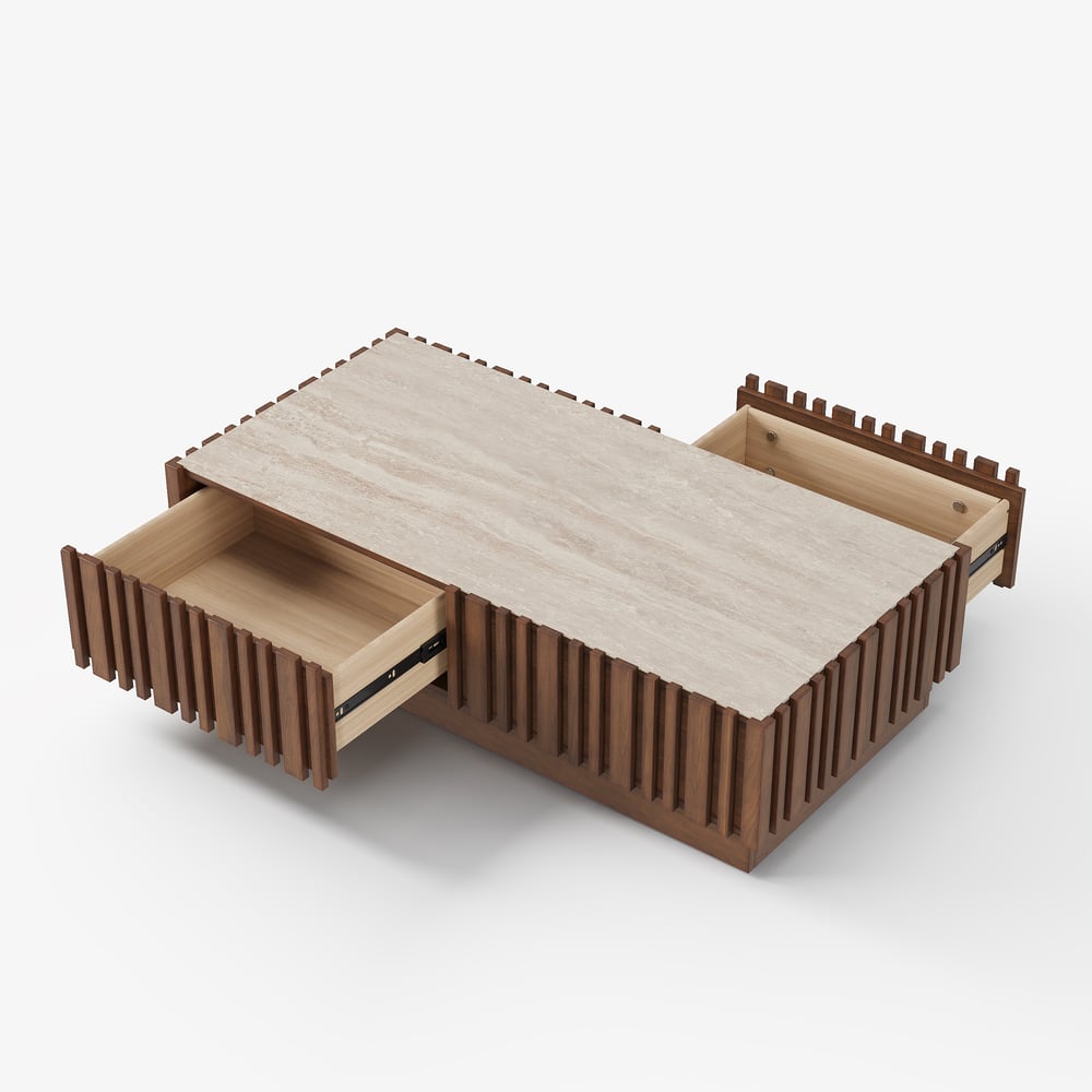 47" Ash Wood Slatted Coffee Table with Sintered Stone Top