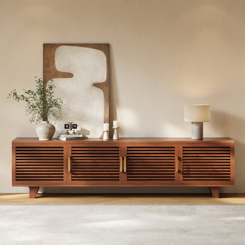 2200mm Solid Ash Wood Slatted TV Stand with LED Light window image