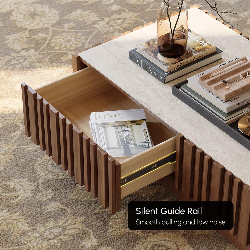 47" Ash Wood Slatted Coffee Table with Sintered Stone Top