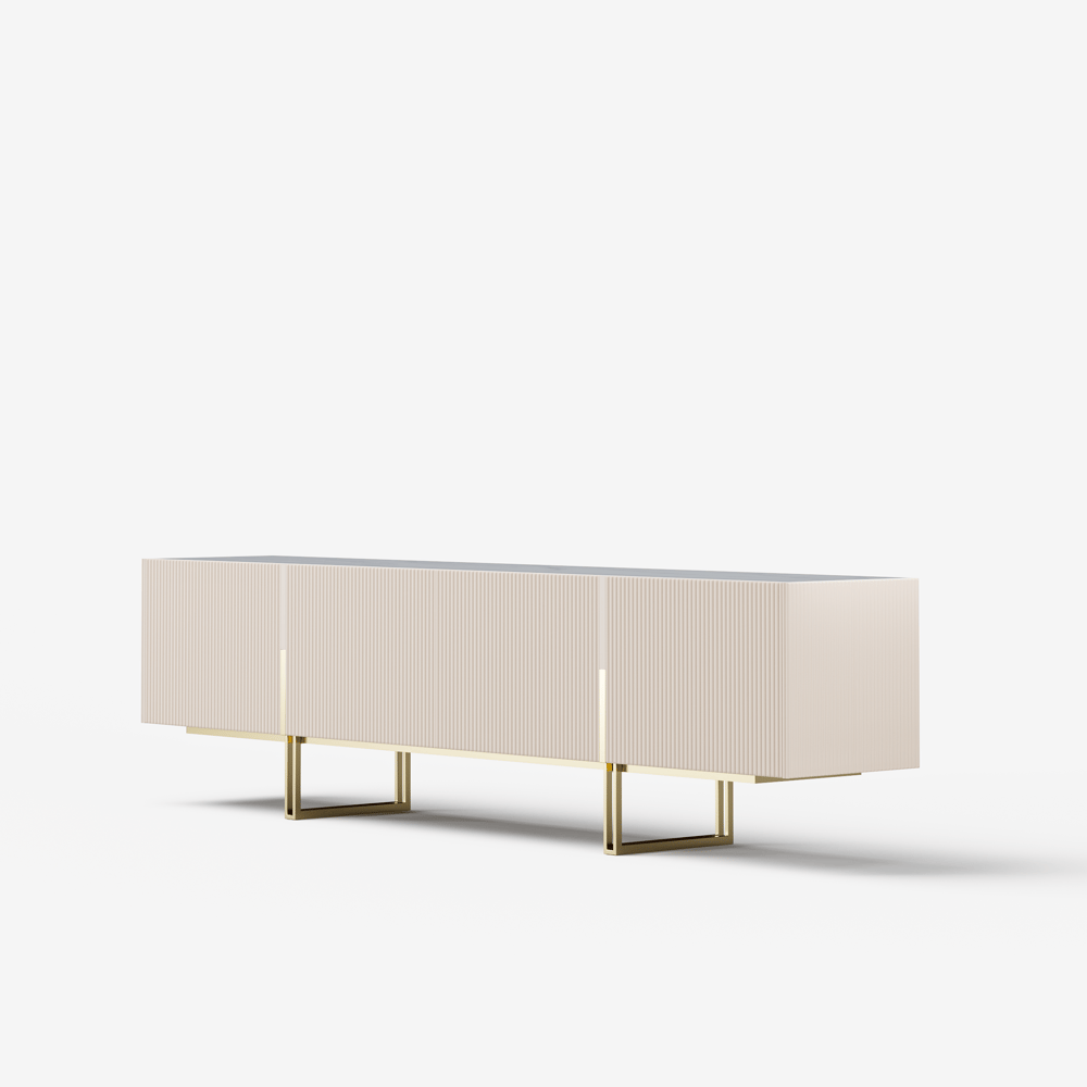 Meuble TV Grovyn avec plateau en grès fritté de 220 cm en blanc cassé image de fenêtre