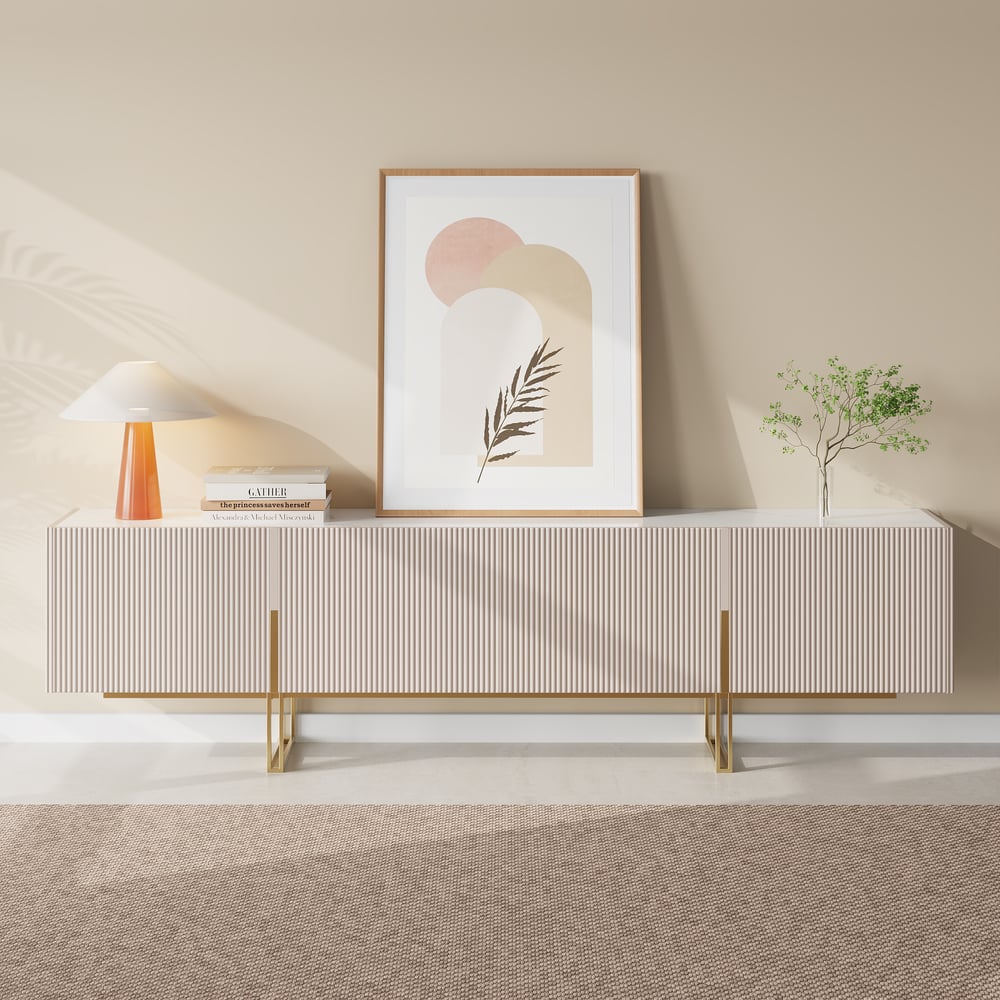 Meuble TV Grovyn avec plateau en grès fritté de 220 cm en blanc cassé image de fenêtre