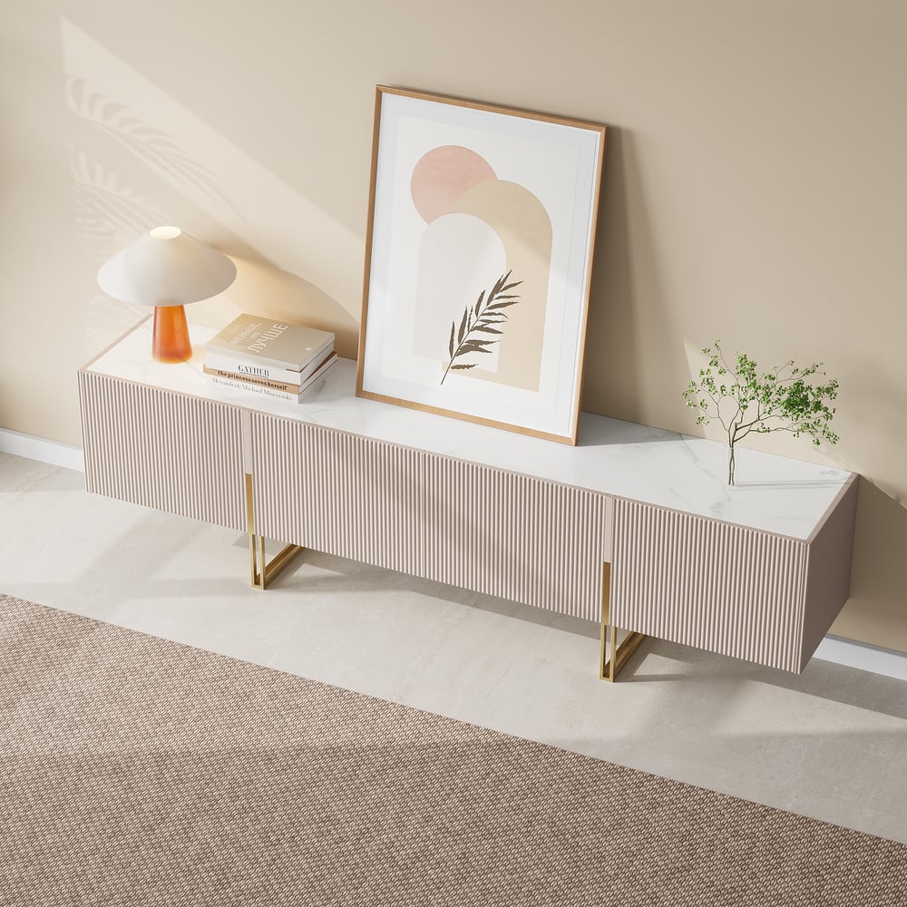 Meuble TV Grovyn avec plateau en grès fritté de 220 cm en blanc cassé image de fenêtre