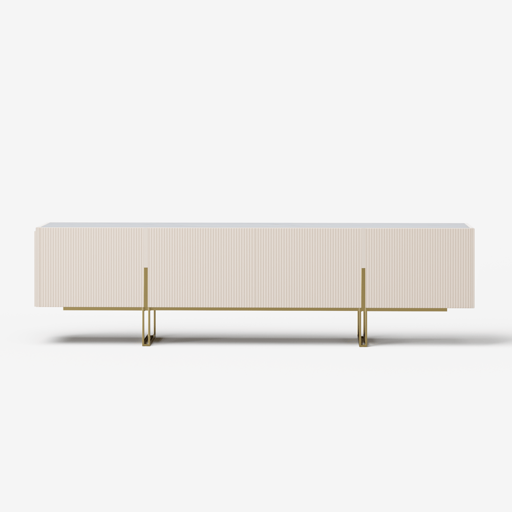 Meuble TV Grovyn avec plateau en grès fritté de 220 cm en blanc cassé image de fenêtre