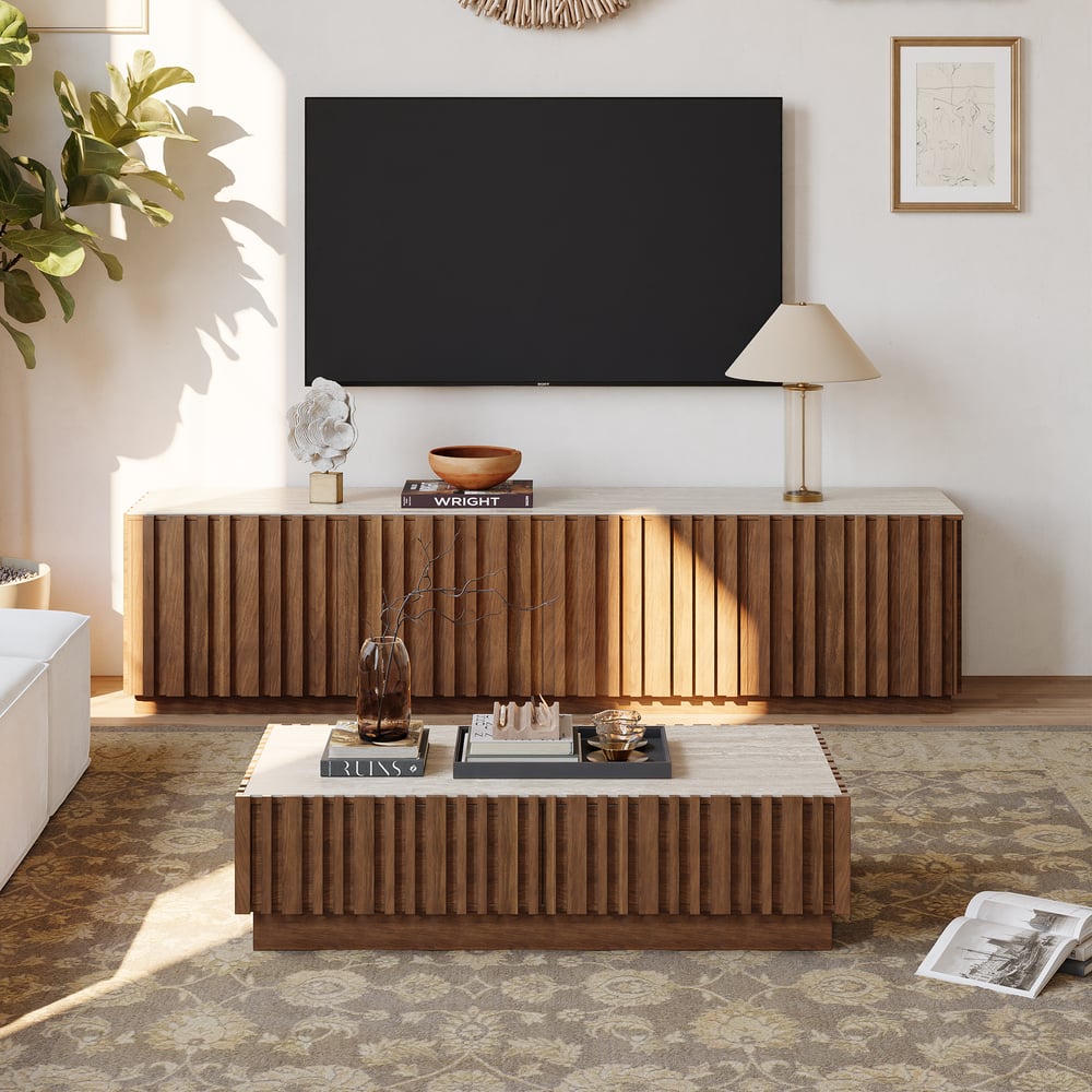 Aura 83" Ash Wood Slatted Walnut TV Stand Coffee Table Set with Sintered Stone Top window image