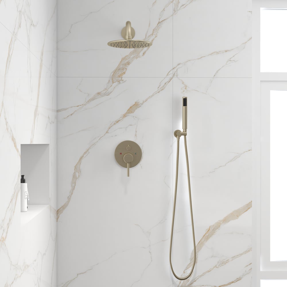 Brushed Gold 10" Round Rainfall Shower Head Wall Mounted Rain Shower System with Handheld Shower Solid Brass window image