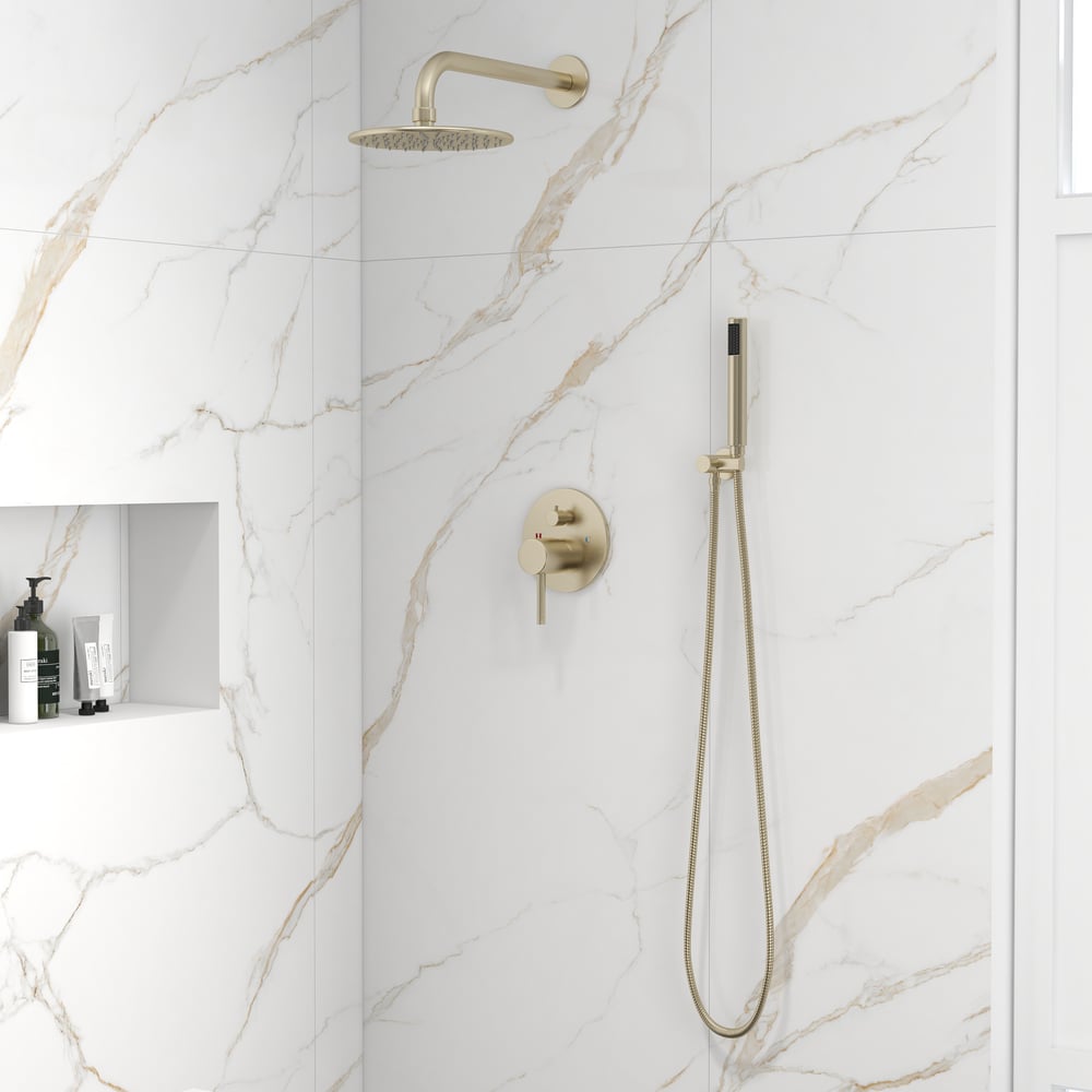 Brushed Gold 10" Round Rainfall Shower Head Wall Mounted Rain Shower System with Handheld Shower Solid Brass window image