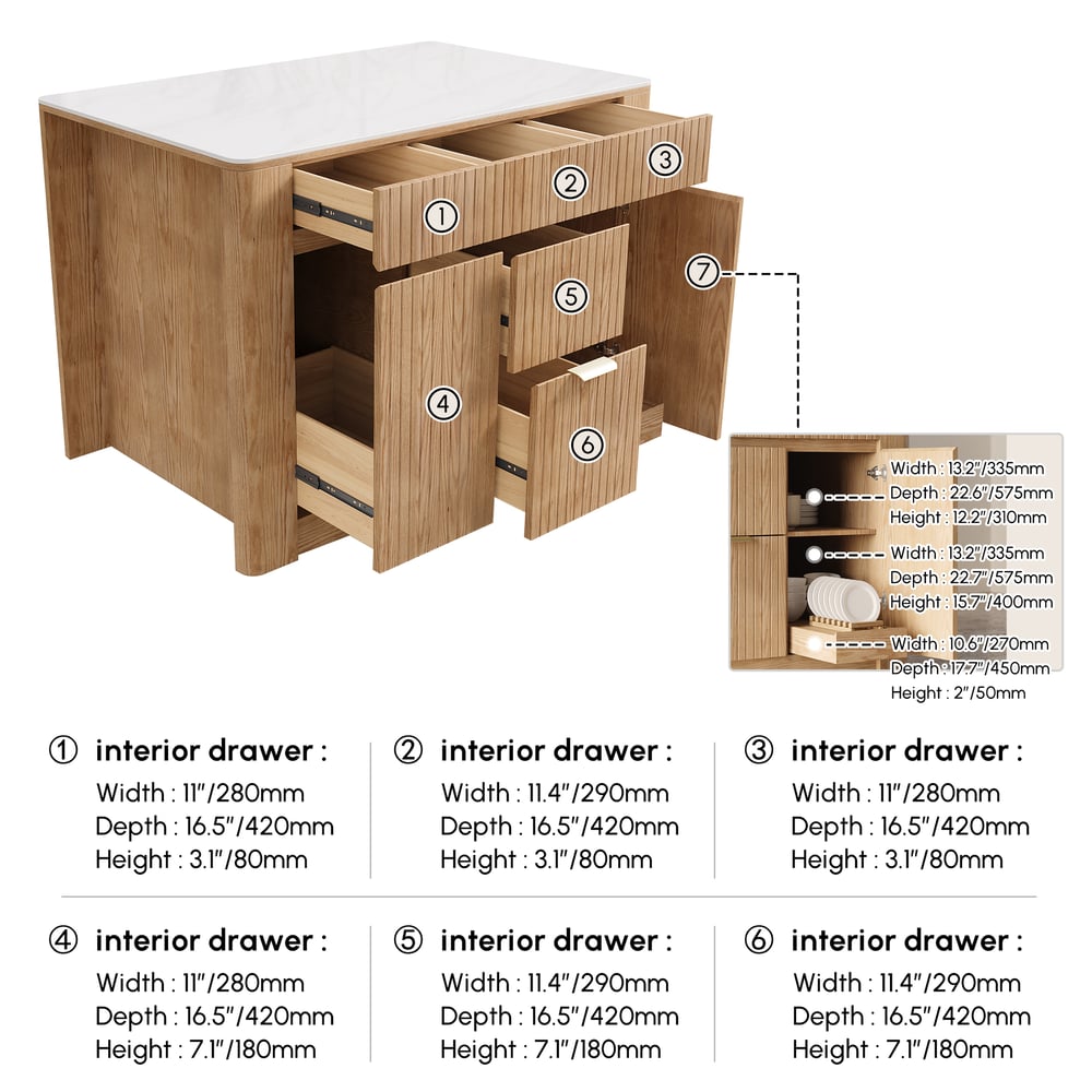 1290mm Sintered Stone Top Solid Wood Kitchen Island with Storage Whitewash weights dimensions image