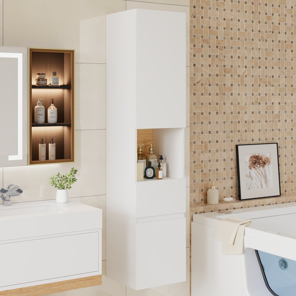 Freestanding and wall-mounted white adjustable bathroom cabinet with storage window image