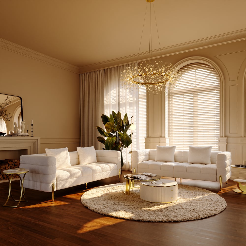 78.7" White Boucle Upholstered Sofa Set of 2 with Pillows window image