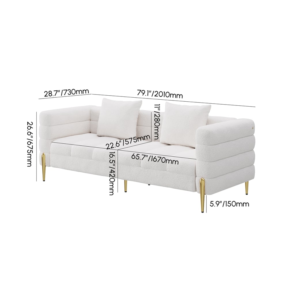 Aurora 79" Boucle Fluted Sofa with Gold Legs & Pillows weights dimensions image