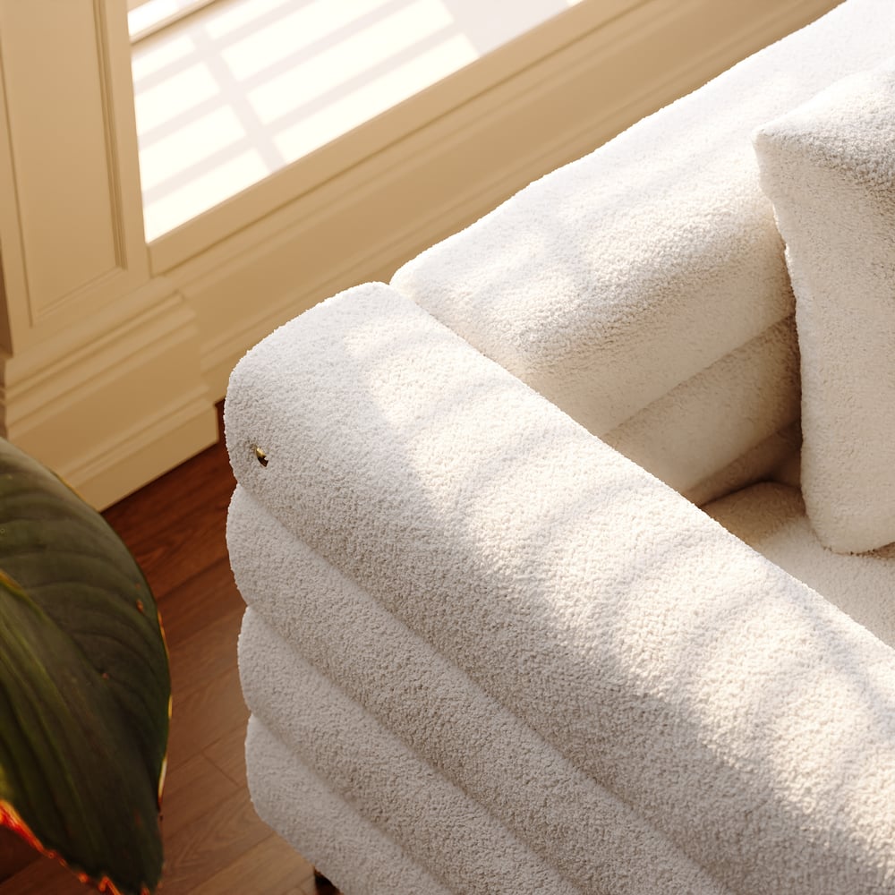 Aurora 79" Boucle Fluted Sofa with Gold Legs & Pillows window image