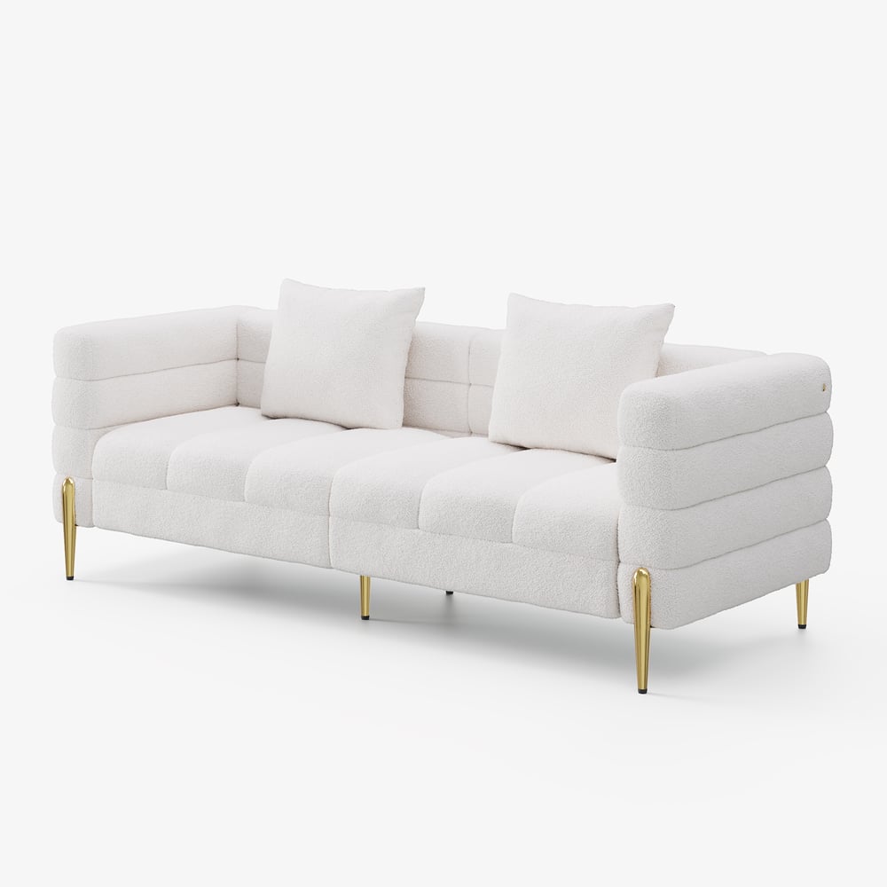 Aurora 79" Boucle Fluted Sofa with Gold Legs & Pillows window image