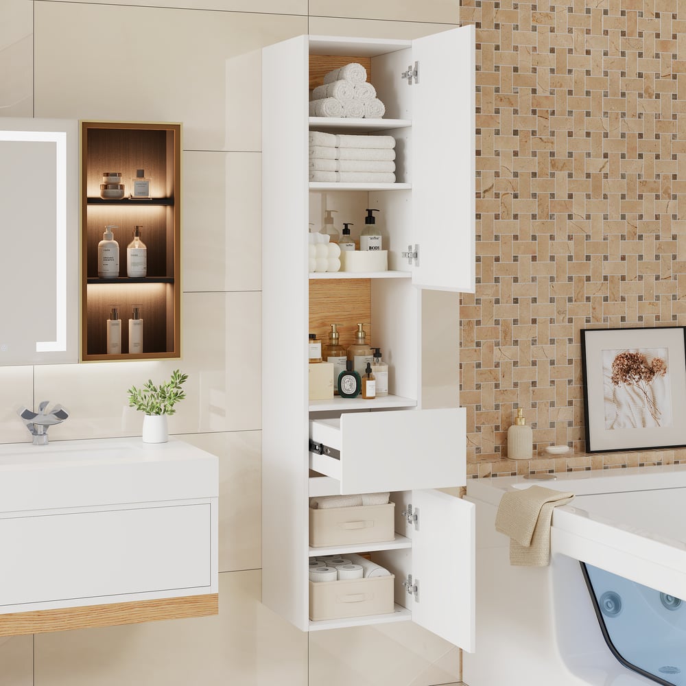 Freestanding and wall-mounted white adjustable bathroom cabinet with storage window image