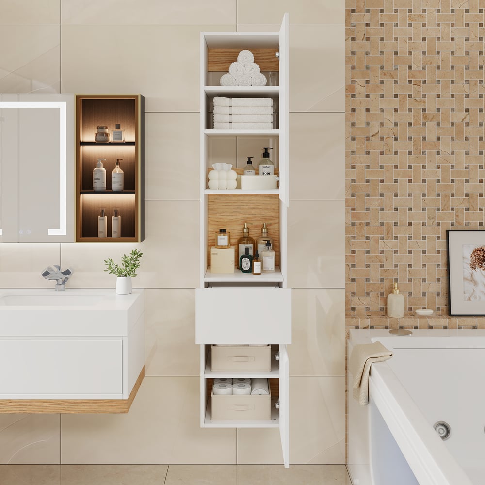 Freestanding and wall-mounted white adjustable bathroom cabinet with storage window image